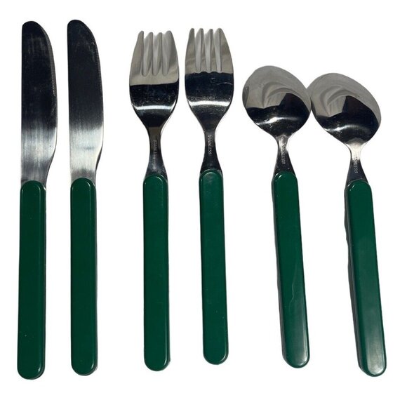 Vtg Picnic Time Stainless Knife Spoon Fork Napkin Flatware Green 8". Set for 2 - Picture 2 of 9